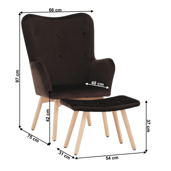 Fotoliu cu taburet, material textil de catifea ciocolatiu/fag, LAGER NEW